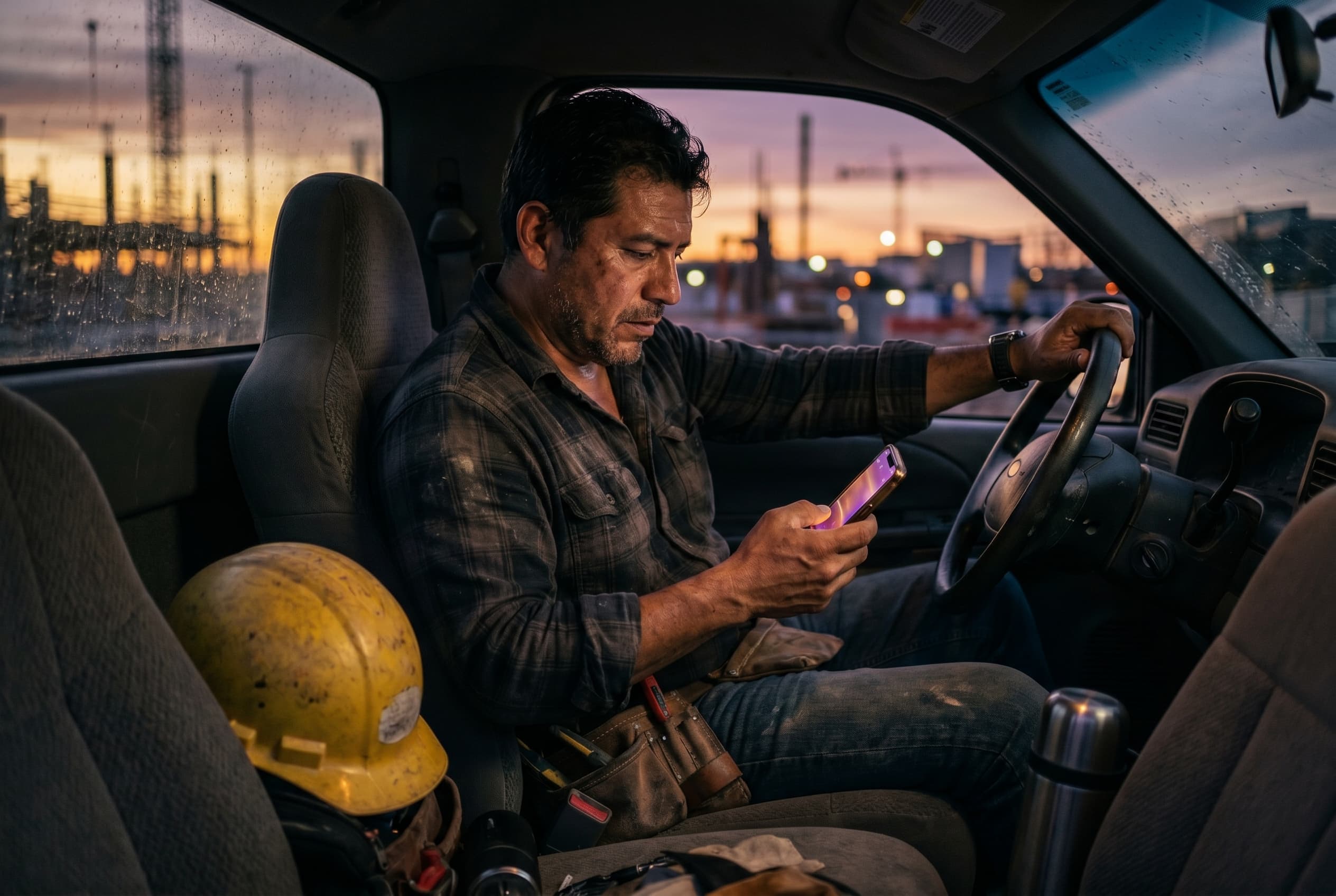 Contratista hispano estudiando desde su celular después del trabajo
