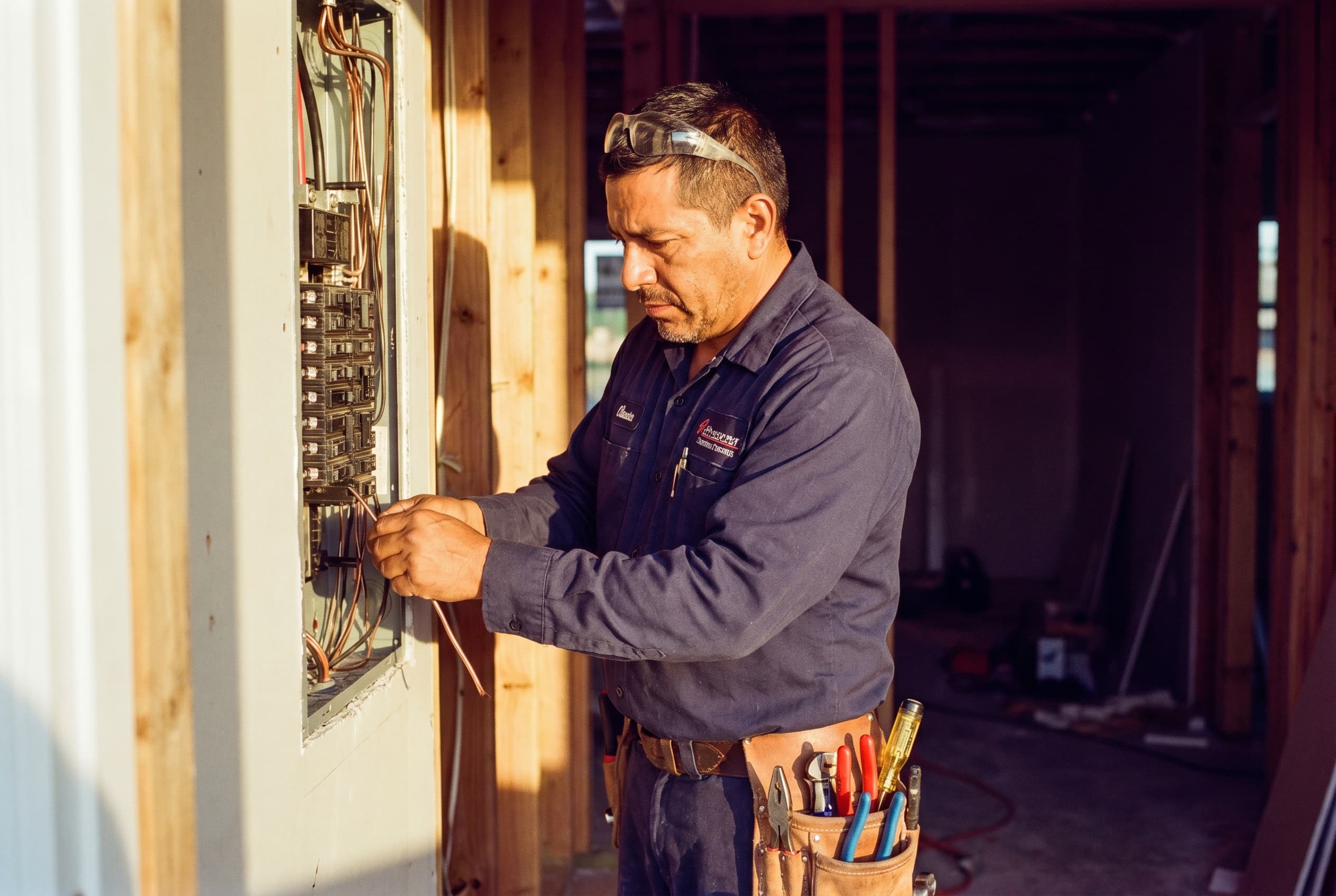 Contratista eléctrico hispano trabajando en una obra en Florida